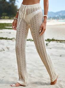 EURMUSE Pointelle Knit Drawstring Waist Trousers Without Panty - Beige - View 5