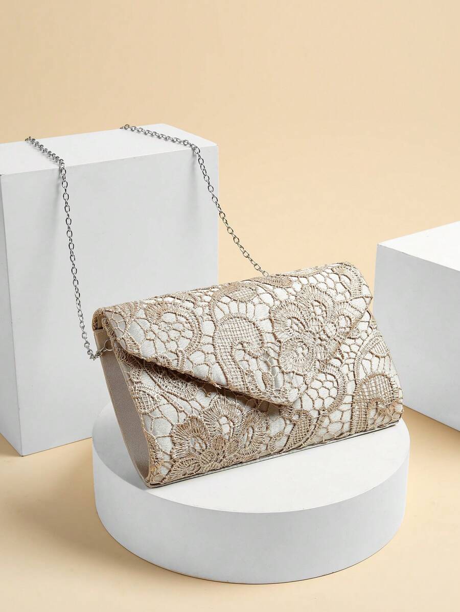 Flower Embroidered Envelope Bag Chain Fashion - Champagne - View 1