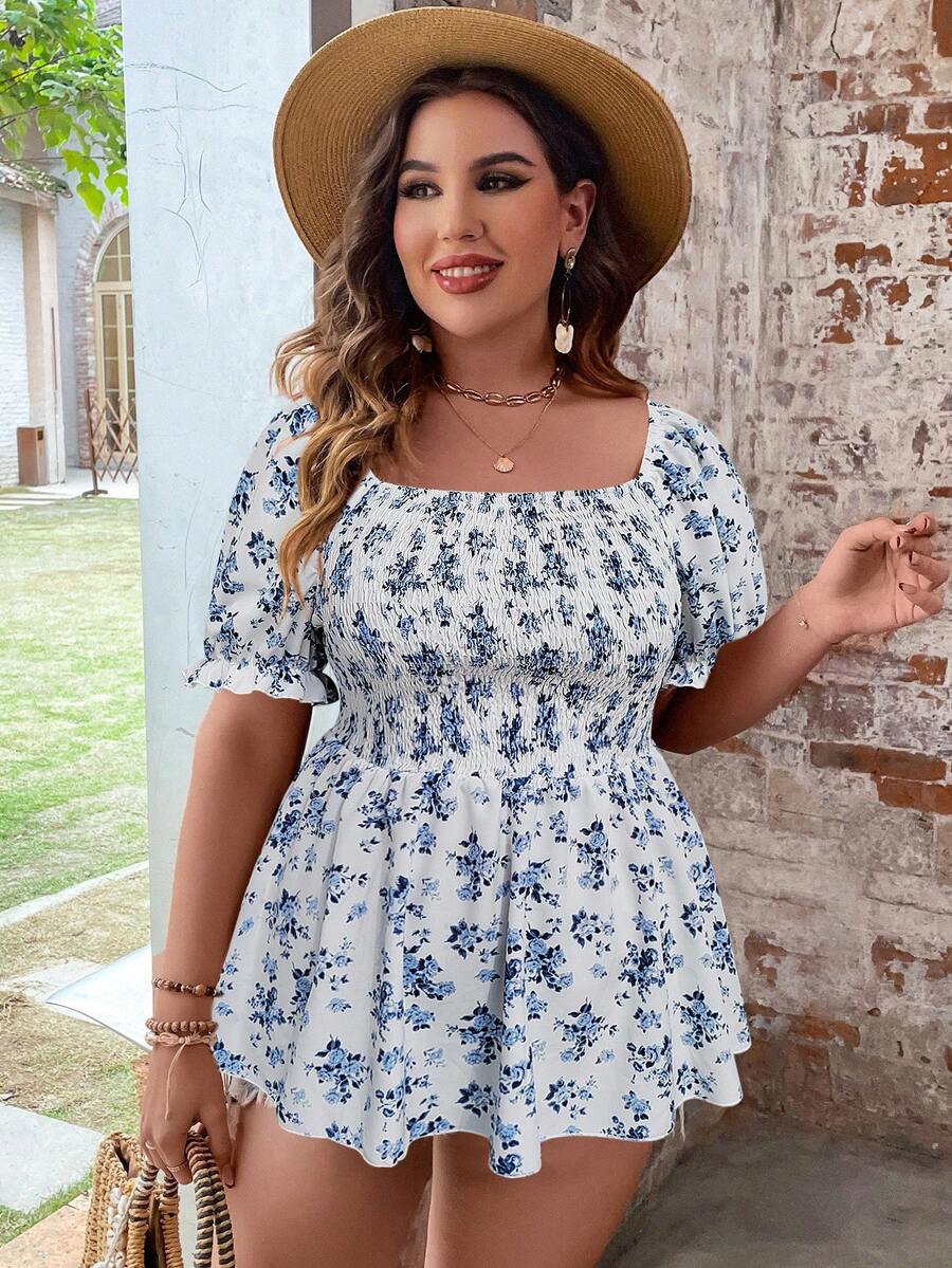 SHEIN Holidaya 大碼印花泡泡袖荷葉邊下擺襯衫 - 白色 - 查看 1