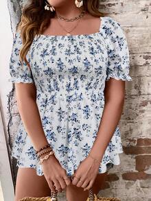 SHEIN Holidaya 大碼印花泡泡袖荷葉邊下擺襯衫 - 白色 - 查看 4