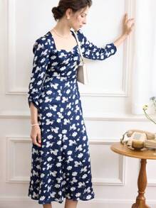Simple Retro 滿版印花雞心領口洋裝 - 藏蓝色 - 查看 1