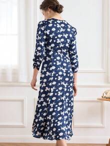 Simple Retro 滿版印花雞心領口洋裝 - 藏蓝色 - 查看 2