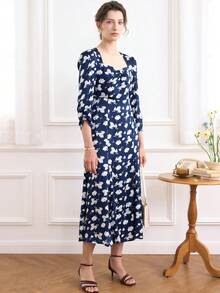 Simple Retro 滿版印花雞心領口洋裝 - 藏蓝色 - 查看 6