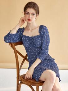 Simple Retro 碎花泡泡袖褶邊連衣裙 - 藍色 - 查看 1