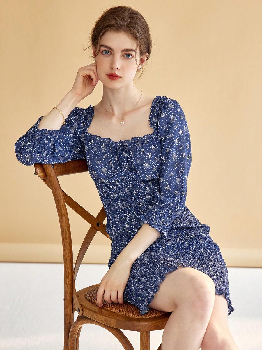 Simple Retro 碎花泡泡袖褶邊連衣裙 - 藍色 - 查看 1