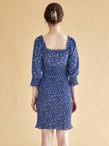 Simple Retro 碎花泡泡袖褶邊連衣裙 - 藍色 - 查看 2