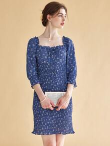 Simple Retro 碎花泡泡袖褶邊連衣裙 - 藍色 - 查看 3