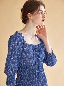 Simple Retro 碎花泡泡袖褶邊連衣裙 - 藍色 - 查看 5