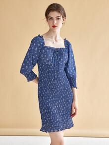 Simple Retro 碎花泡泡袖褶邊連衣裙 - 藍色 - 查看 6