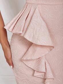 One Shoulder Frill Trim Split Thigh Dress - Baby Pink - View 5