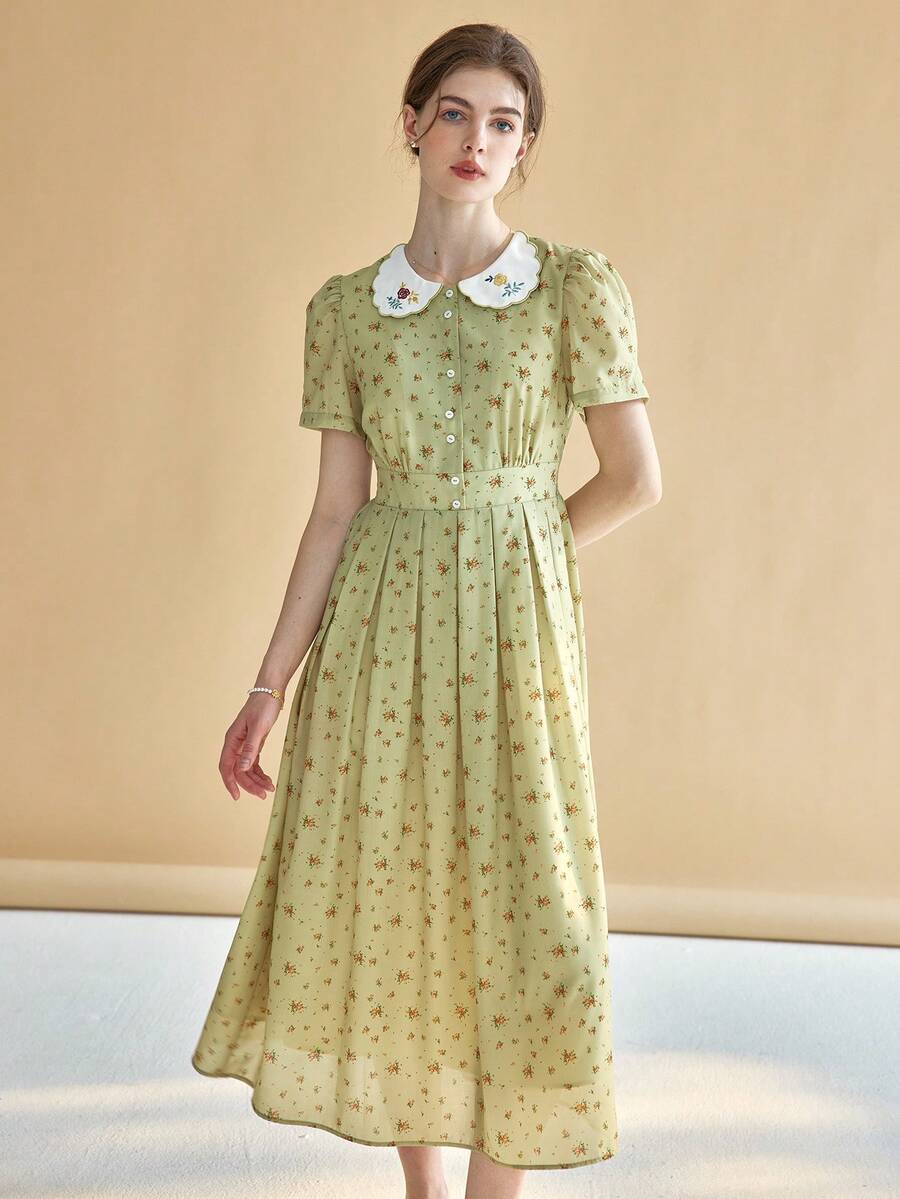 Simple Retro Đầm Tương phản ren Nút phía trước Họa tiết hoa Dễ thương - Màu xanh chanh - Xem 1