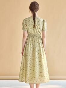 Simple Retro Đầm Tương phản ren Nút phía trước Họa tiết hoa Dễ thương - Màu xanh chanh - Xem 2