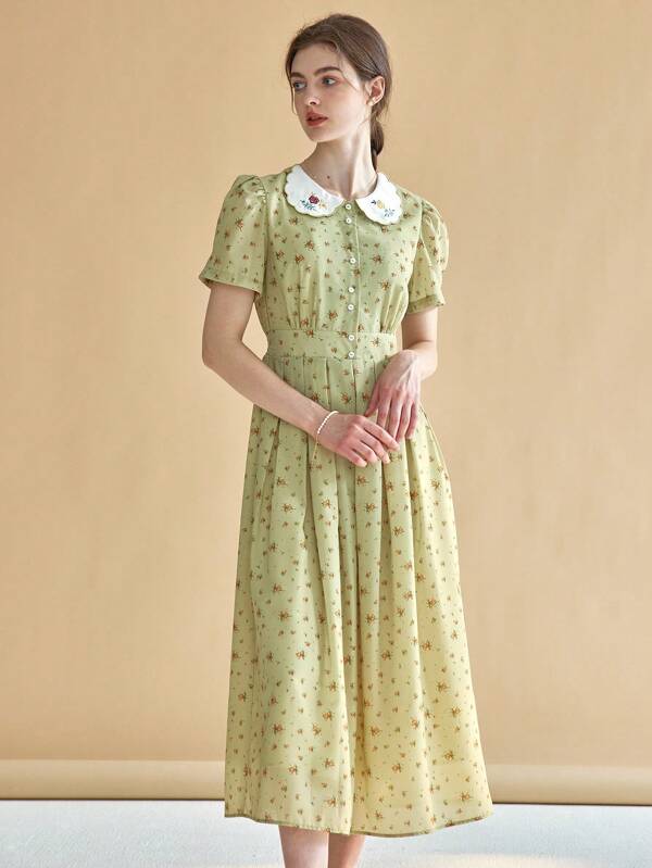 Peter pan Collar Pleated Coat Dress ( Green  Check)