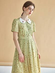 Simple Retro Đầm Tương phản ren Nút phía trước Họa tiết hoa Dễ thương - Màu xanh chanh - Xem 4
