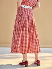 Simple Retro Gingham Print Floral Embroidery Skirt - Red - View 2