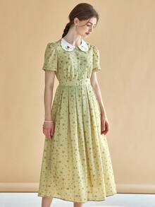 Simple Retro Đầm Tương phản ren Nút phía trước Họa tiết hoa Dễ thương - Màu xanh chanh - Xem 7