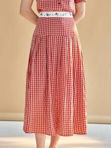 Simple Retro Gingham Print Floral Embroidery Skirt - Red - View 3