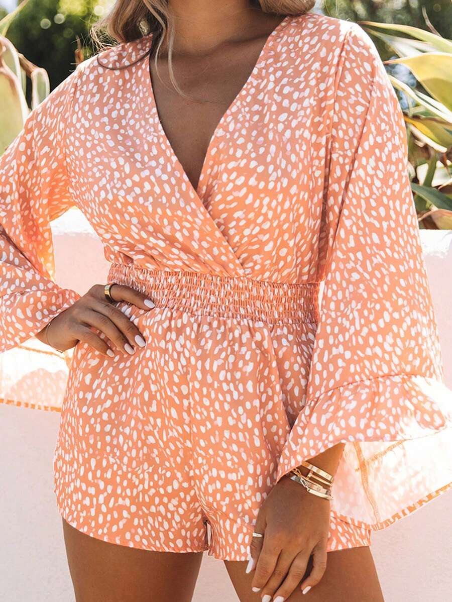 Acelitt Allover Print Flounce Sleeve Romper - Orange - View 1