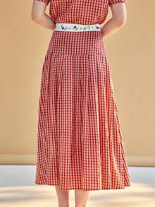 Simple Retro Gingham Print Floral Embroidery Skirt - Red - View 4
