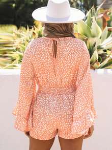Acelitt Allover Print Flounce Sleeve Romper - Orange - View 2