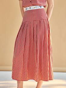 Simple Retro Gingham Print Floral Embroidery Skirt - Red - View 5