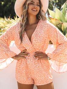Acelitt Allover Print Flounce Sleeve Romper - Orange - View 5