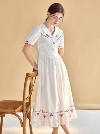 Simple Retro فستان مطرز بأزهار اكمام منتفخة حافة مكشكشة