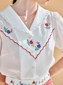 Simple Retro 花卉刺繡水手領泡泡袖襯衫 - 白色 - 查看 4
