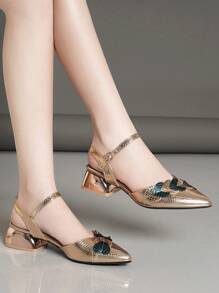 Women Metallic Heart Decor Point Toe Chunky Heeled Ankle Strap Pumps, Glamorous Outdoor Pumps