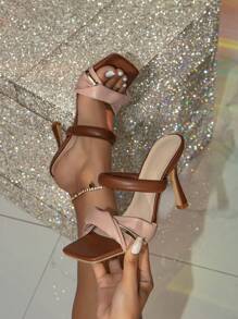 春夏女士时尚百搭撞色方头高跟鞋，适合日常穿着 - 棕色 - 查看 2