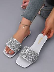 Women Sequin Decor Slide Sandals, Glamorous Summer Flat Sandals - Silver - View 2