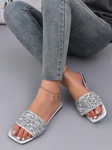 Women Sequin Decor Slide Sandals, Glamorous Summer Flat Sandals - Silver - View 3