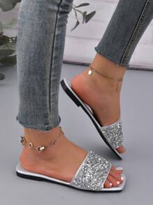 Women Sequin Decor Slide Sandals, Glamorous Summer Flat Sandals - Silver - View 5
