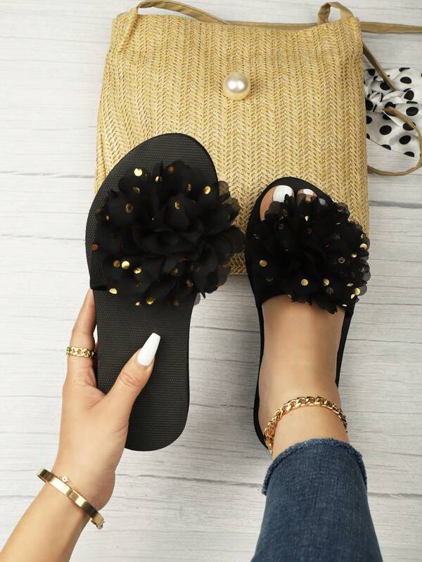 Women Flower Decor Single Band Slides, Fashion Beach Slides