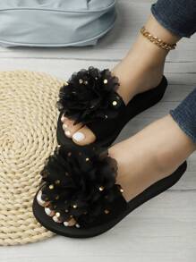 Women Flower Decor Single Band Slides, Fashion Beach Slides - Black - View 2