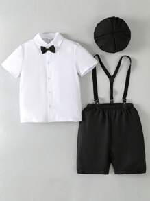 SHEIN 男孩前蝴蝶結襯衫和背帶短褲和帽