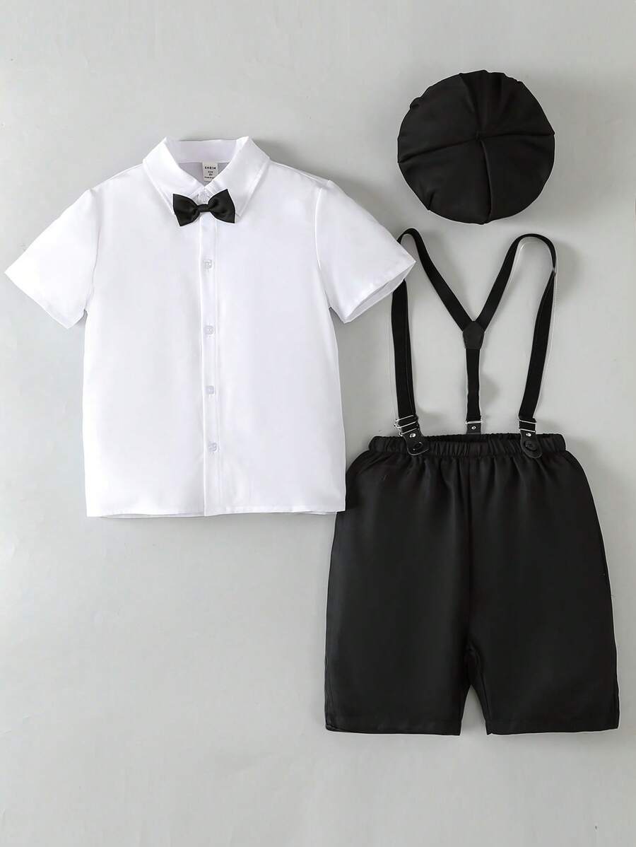 SHEIN 男孩前蝴蝶結襯衫和背帶短褲和帽