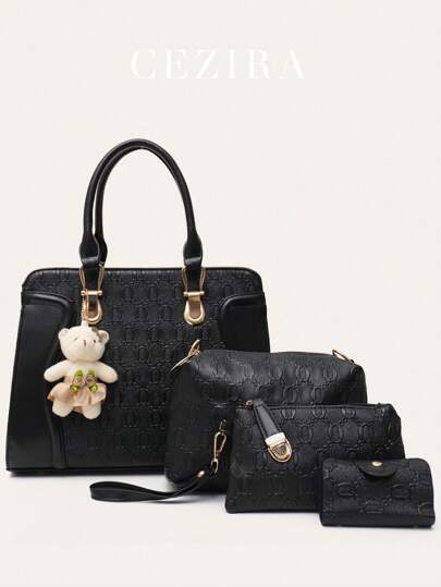  CEZIRA 4pcs Bag Set Tote Crossbody Square Bag Purse With Random Cartoon Charm Fashionable Geometric Embossed PU, Best Work Bag For Women