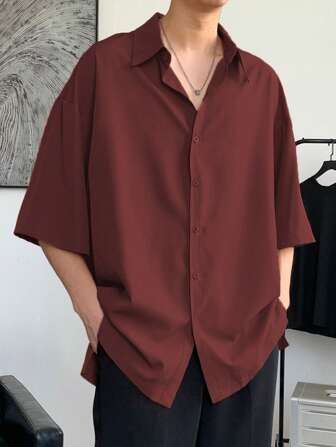 Guys Solid Drop Shoulder Button Up Shirt