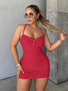 SHEIN SXY 前紐扣吊帶緊身洋裝 - 紅色 - 查看 3