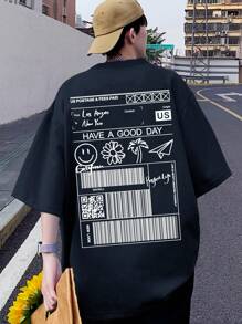 Manfinity EMRG Hombres Camiseta de hombros caídos con estampado de dibujos animados - Azul Marino - Ver 1