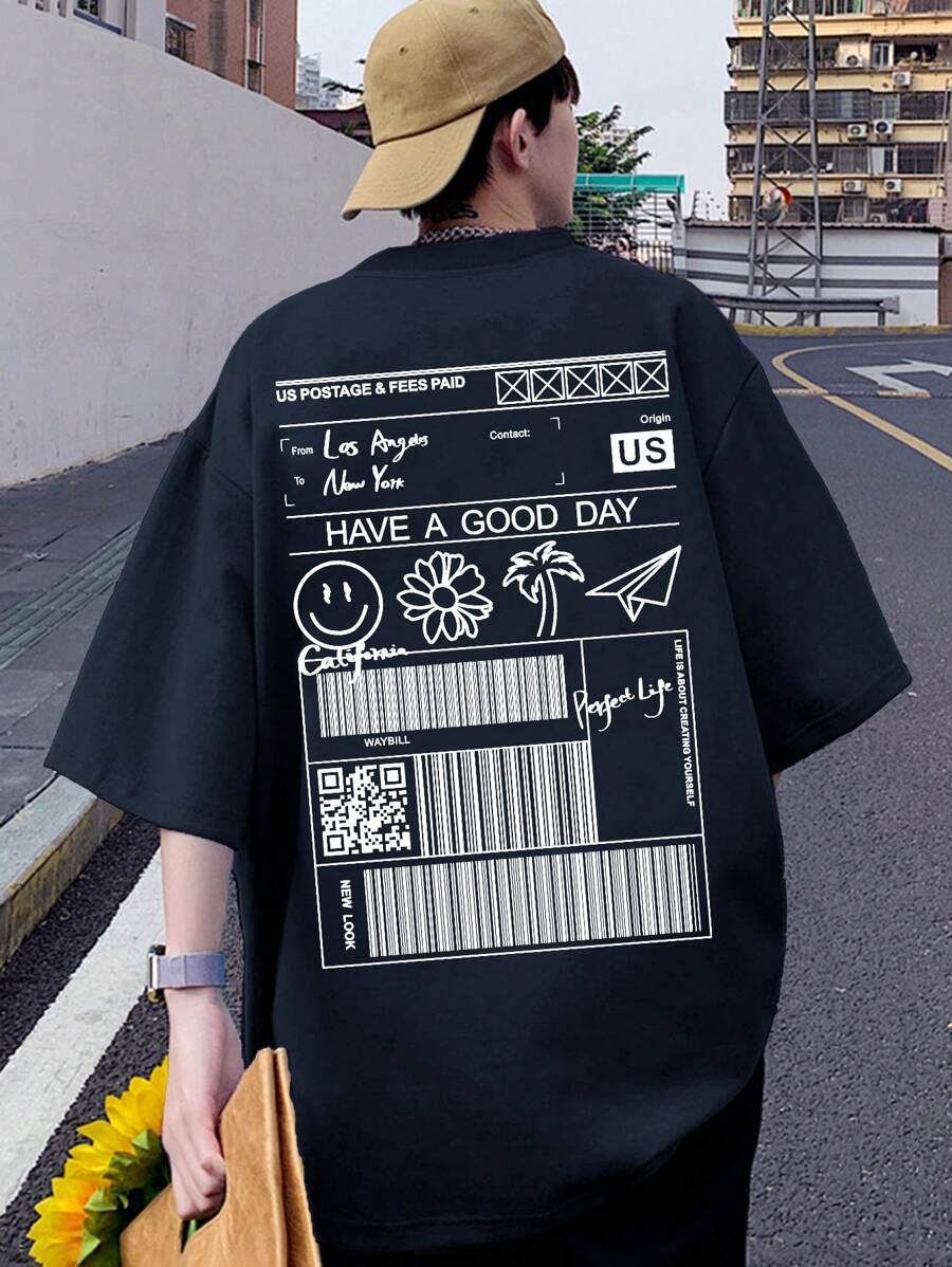 Manfinity EMRG Hombres Camiseta de hombros caídos con estampado de dibujos animados - Azul Marino - Ver 1