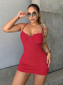 SHEIN SXY 前紐扣吊帶緊身洋裝 - 紅色 - 查看 5