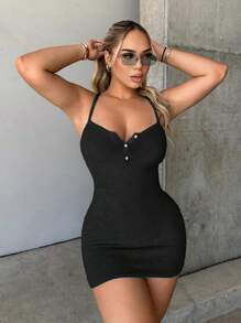 SHEIN SXY 前紐扣吊帶緊身連衣裙 - 黑色 - 查看 1