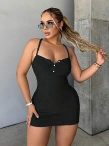 SHEIN SXY 前紐扣吊帶緊身連衣裙 - 黑色 - 查看 4