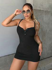 SHEIN SXY 前紐扣吊帶緊身連衣裙 - 黑色 - 查看 5