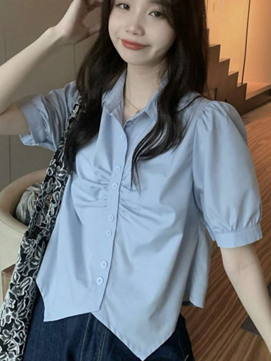 Camisa unicolor fruncido de manga farol bajo asimétrico - Celeste - Ver 1