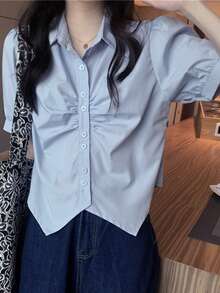 Camisa unicolor fruncido de manga farol bajo asimétrico - Celeste - Ver 3