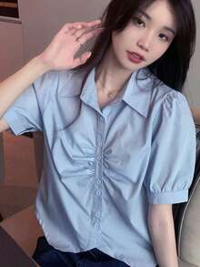 Camisa unicolor fruncido de manga farol bajo asimétrico - Celeste - Ver 4