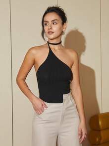 Solid One Shoulder Knit Top - Black - View 4